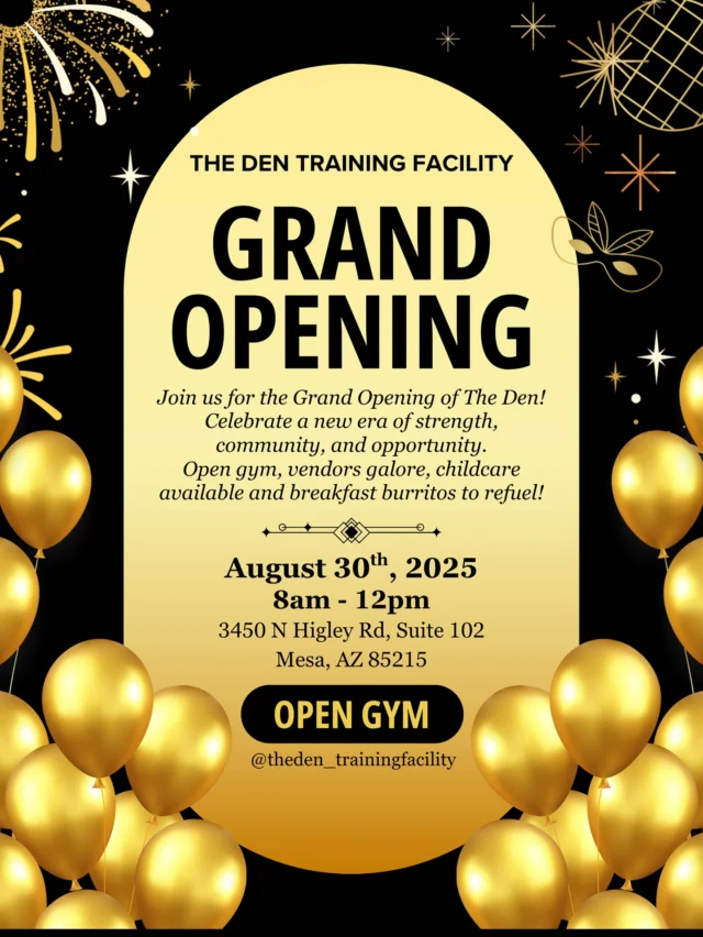 The time has come! 🎉  Time to show the world what we have been putting all our time and effort into for the last couple of months!  THE DEN IS OPEN PEOPLE and it is time to celebrate!  August 30th from 8am-12pm we are having a PARTY and you are all invited!  🎉We will have OPEN GYM (free)for everyone to come and try out all our amazing new machines and Memberships will be available to join ASAP once you realize how much you love it!
🎉We will have childcare available so parents can enjoy the space!
🎉We will have breakfast burritos from the amazing @midwesternmeats 🍳
🎉We will have INCREDIBLE vendors including:
@gainz.onthego
@thereconnectlife
@trubowlsuperfood_mesa
@nutrishop_eastmesa
@helluva_way_to_dough
@gymgiants
@ibk9training
@cwsportstherapy
@theperfectpancake_  🎉We will have some new merch 👕
🎉We will be offering InBody scans  Most importantly, just come and see the community that we have built that you can be apart of while hitting your fitness goals! 💪🏼  📆 Mark your calendars people! You won’t want to miss this day!  @theden_trainingfacility
📍3450 N Higley Rd, Suite 102
Mesa, AZ 85215